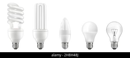 Light bulbs realistic 3D vector illustrations set. Different lightbulb types with various shapes isolated on white background. Halogen, led, incandesc Stock Vector