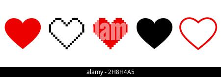 Pixel heart i?on set in retro style. Vintage love symbol, 8 bit vector illustration for computer game. Web button Stock Vector
