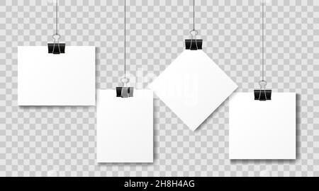Set of multicolored binder clips on a piece of paper on a transparent background. Clerical clothespin on a transparent background Stock Vector