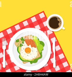 Healthy breakfast. A cup of coffee and a delicious sandwich with avocado, salmon and fried egg and herbs on the background of a checkered tablecloth. Stock Vector