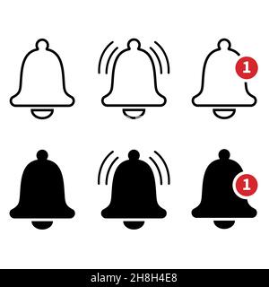 Notification bell icons collection. Alarm or reminder sign in two variants - black and linear. UI button Stock Vector