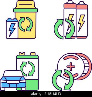 Recyclable battery types RGB color icons set Stock Vector
