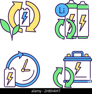 Eco battery disposal RGB color icons set Stock Vector