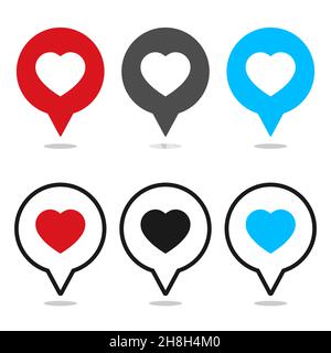 Set of location pin icon with heart shape. Position marker isolated on white background. Pin map design element. Location symbol. Vector illustration Stock Vector