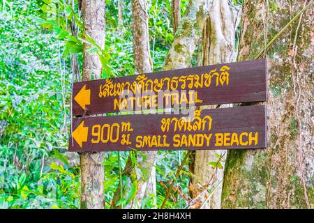 Khao Lak Thailand 09. February 2020 Directional wooden arrows and information boards in the Lam ru Lamru Nationalpark in Khao Lak Phang-nga Thailand. Stock Photo