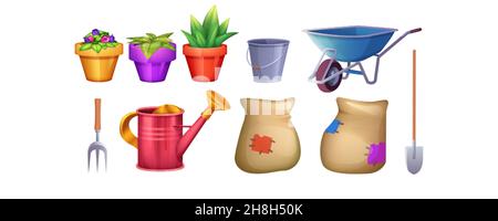 Set of indoor gardening tools isolated on white background. Cartoon plant in pot, wheelbarrow, shovel, pitchfork, watering can. Hand equipment for garden. Soil in bag for planting flowers on backyard. Stock Vector