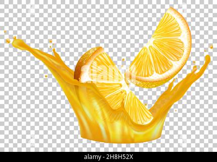 Orange juice. Fresh fruit and splashes. Orange in a splash of juice on a transparent background. sliced orange in juice 3d realistic vector. Citrus fr Stock Vector