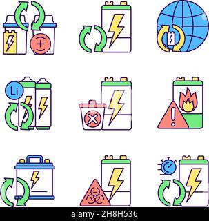 Battery reuse RGB color icons set Stock Vector