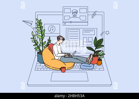 Man sit real on huge laptop watch online tutorial on gadget. Guy study on internet have webinar class or seminar. Blogging and broadcast. Distant education concept. Vector illustration. Stock Vector