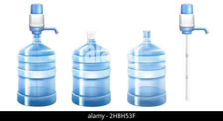 Pump water cooler and big bottle for office and home. Vector 3D realistic mockup of dispenser with pump for pouring clean water and large plastic gall Stock Vector