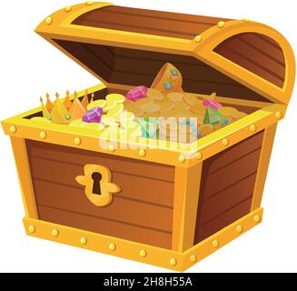 Opening treasures chest. Closing crate or wooden safe, mobile interface vector illustration isolated on white background Stock Vector