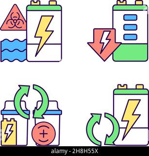 Battery reuse RGB color icons set Stock Vector