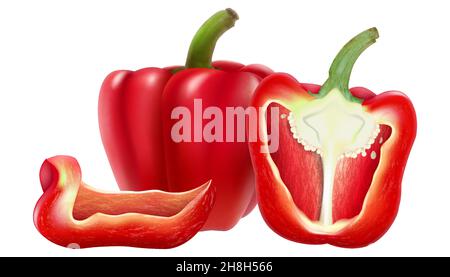 Bell pepper. Whole, half and slice red sweet bell pepper. Vector 3D realistic illustration for menu, poster, label. Isolated on white background. Stock Vector