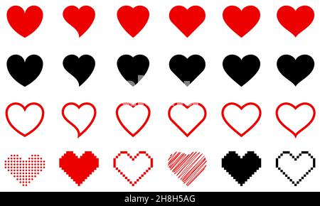 Hearts of different shapes . Big set of different isolated red hearts. Vector elements for your design. Stock Vector