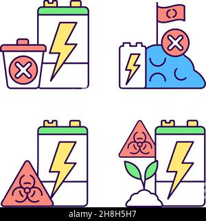 Improper battery disposal RGB color icons set Stock Vector