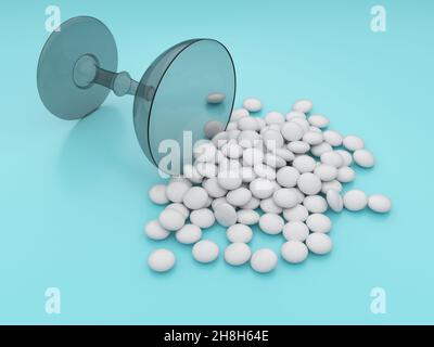 A bunch of white oval dragees on a blue background. 3D render. A handful of pharmaceuticals scattered on the table next to the fallen medical glass bo Stock Photo