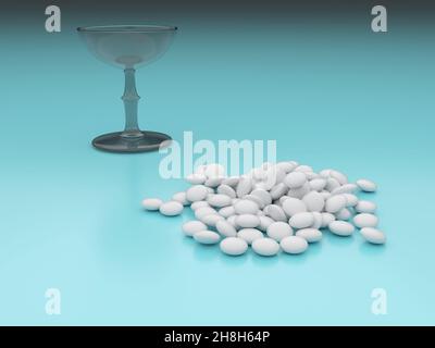 A bunch of white oval dragees on a blue background. 3D render. A handful of pharmaceuticals scattered on the table next to the medical glass bowl. Stock Photo