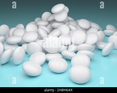 A bunch of white oval dragees on a blue background. 3D render. A handful of pharmaceuticals scattered on the table. Stock Photo