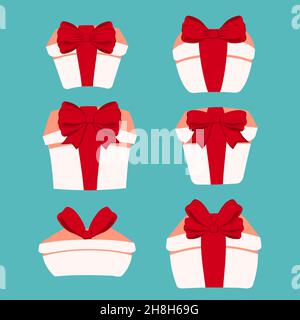 Set cartoon gift boxes in flat style. Gift boxes with red ribbon.Cartoon packaging. Happy birthday holiday background. Box vector. Award concept Stock Vector