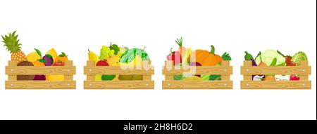 Set of Wooden boxes with different fresh vegetables, berries and fruits Isolated on white background. Vector illustration of farm organic food in cart Stock Vector