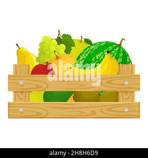 A wooden box full of various fruits. Template on the theme of farming, harvesting and selling fresh organic products. Vector illustration in cartoon s Stock Vector