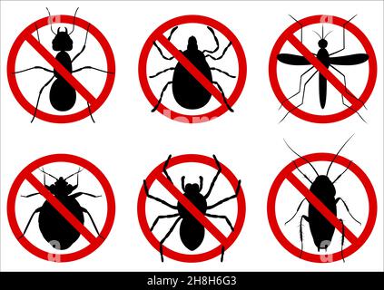Anti pest control ban, prohibition parasitic insects. Stop, warning, forbidden bug icon set. No, prohibit signs of cockroaches, spiders, ticks, mosqui Stock Vector
