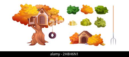 Vector set outdoor plants on white background. Cartoon orange and green different shape bushes and tree. Wooden treehouse for kids on backyard and dog kennel. Woody plant with dense foliage cover. Stock Vector