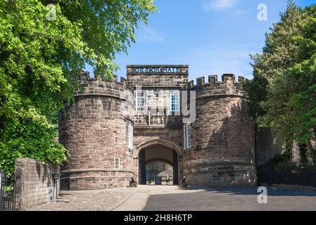 Skipton Castle, view in summer of the gatehouse and main entrance to Skipton Castle, North Yorkshire, England,UK Stock Photo