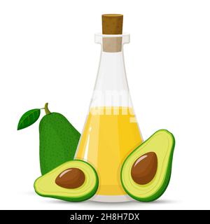 Avocado oil in glass bottle and fruit, isolated natural organic ingredients for hair treatment and growth. Cosmetics essence for massage, lotion for b Stock Vector
