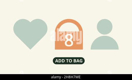 Interface of online shop. Add to bag concept. Favorites, shopping cart with number of purchases and customer icon. For topics like consumerism, sale, Stock Vector
