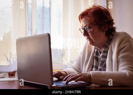 Senior woman surfing the net, reading e-mail or news online and browsing social media. Elderly people using laptop and internet for connection Stock Photo