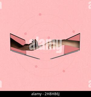 Contemporary art collage of two hands sticking out laptop screen reaching out towards each other isolated over pink background Stock Photo