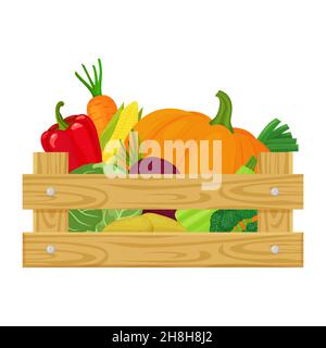 Wooden box with different fresh vegetables, Isolated on white background. Vector illustration of farm organic food cartoon flat style. Stock Vector