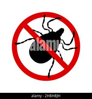 Mite warning sign. Stop parasite icon, vector illustration, silhouette, black and red, tick in a red circle, isolated on white, flat style Stock Vector