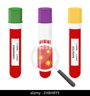 Glass tube with blood for detail test on covid-19, coronavirus with magnifier. Positive test. Blood sample. Virus analysis for laboratory. Vector illu Stock Vector
