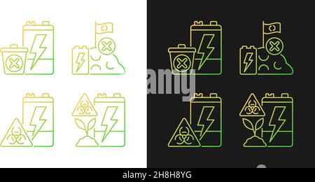 Improper battery disposal gradient icons set for dark and light mode Stock Vector