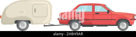 Red car with trailer. Mobile recreation transport for trip, icon flat vector illustration isolated on white background Stock Vector