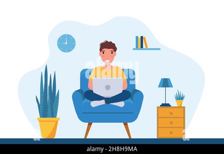 guy sits on a chair with a laptop. freelance work. vector illustration eps 10 Stock Vector