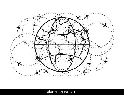 Dotted line of the aircraft route around the planet Earth. Tourism and travel. Vector illustration. Stock Vector