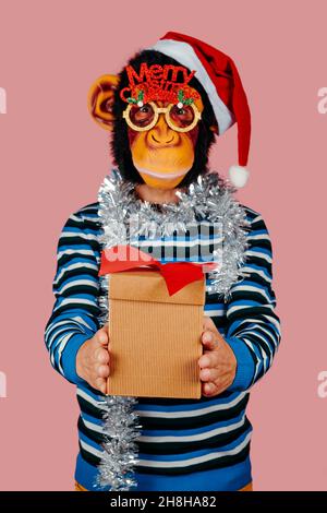 closeup of a funny man giving a present wearing a monkey mask, a santa hat, a pair of eyeglasses with the sentence merry christmas, and silver tinsel Stock Photo