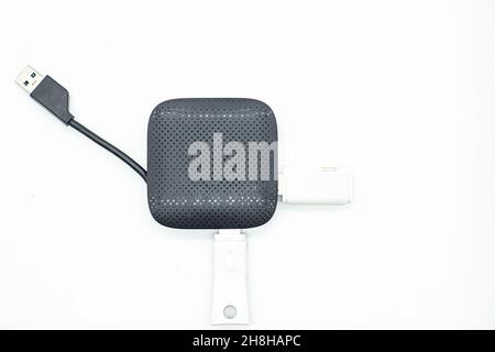 External USB hub and usb flash drives on white background Stock Photo