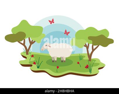 Cute farm animals sheep with spring landscape. vector cartoon illustration EPS 10 Stock Vector