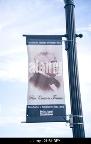 Rev Francis Convers banner in Watertown Massachusetts USA. Stock Photo