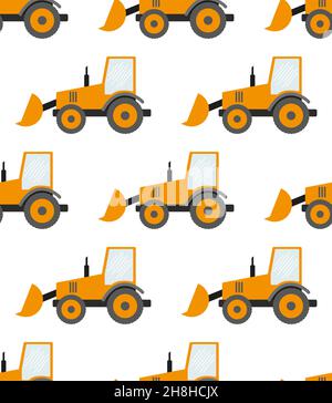 Seamless Pattern With Construction Tracks: Dipper, Bulldozer, Tractor, Excavator, Concrete Mixer Flat Vector Illustration Stock Vector