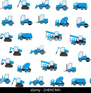 Seamless Pattern With Construction Tracks: Dipper, Bulldozer, Tractor, Excavator, Concrete Mixer Flat Vector Illustration Stock Vector
