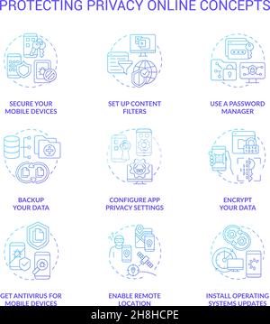 Protecting privacy online concept icons set Stock Vector