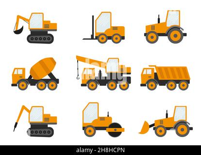 Seamless Pattern With Construction Tracks: Dipper, Bulldozer, Tractor, Excavator, Concrete Mixer Flat Vector Illustration Stock Vector