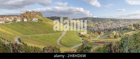 panoramic landscape with villages of Rotenberg and Uhlbach among hilly vineyards, shot in bright fall light near Stuttgart, Germany Stock Photo