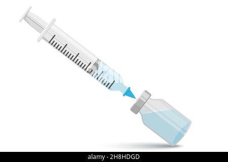 Medical syringe with a needle in a vial with a vaccine for hypodermic injection, with anti-Covid-19 serum. Injections, vaccine and disposable syringe. Stock Vector