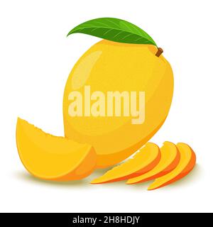 Mango. Vector illustration of Ripe fresh yellow mango with slices and leaves. Flat design Stock Vector